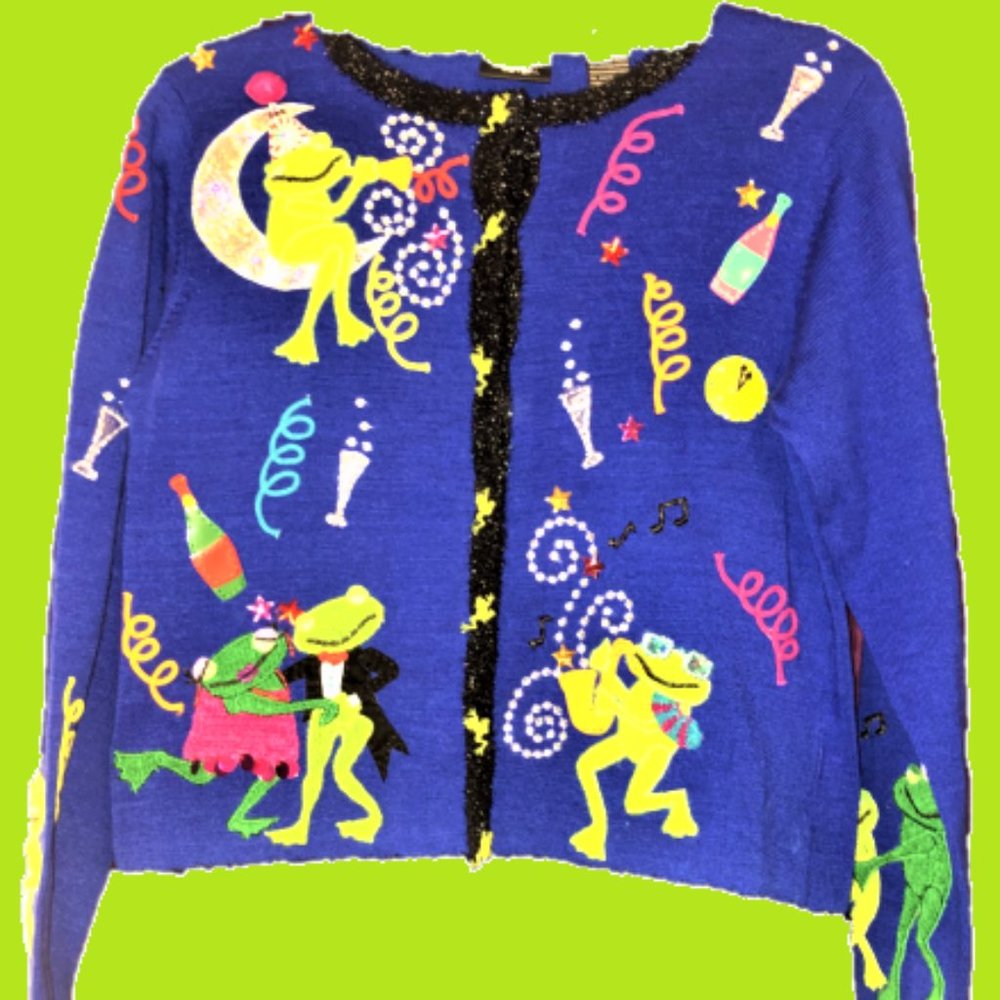 Christine Rotelli Frog New Years Eve. Party Sweater Size Small
